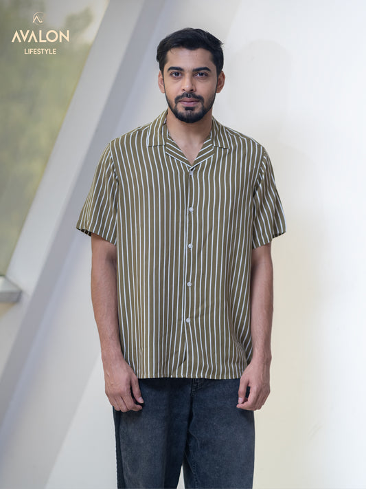 Men's Striped Hawai Shirt-Olive color