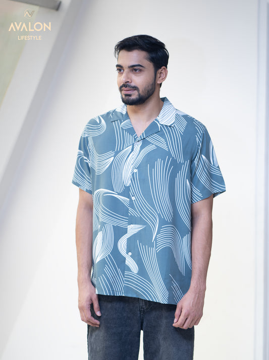 Men's Printed Hawai Shirt- Teal Blue color