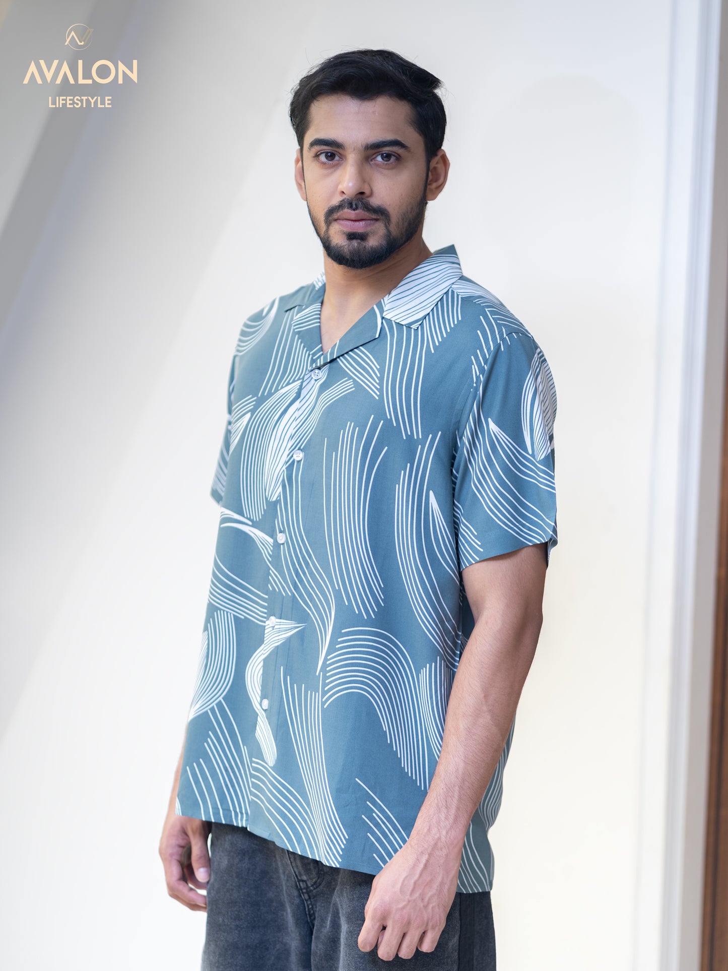 Men's Printed Hawai Shirt- Teal Blue color